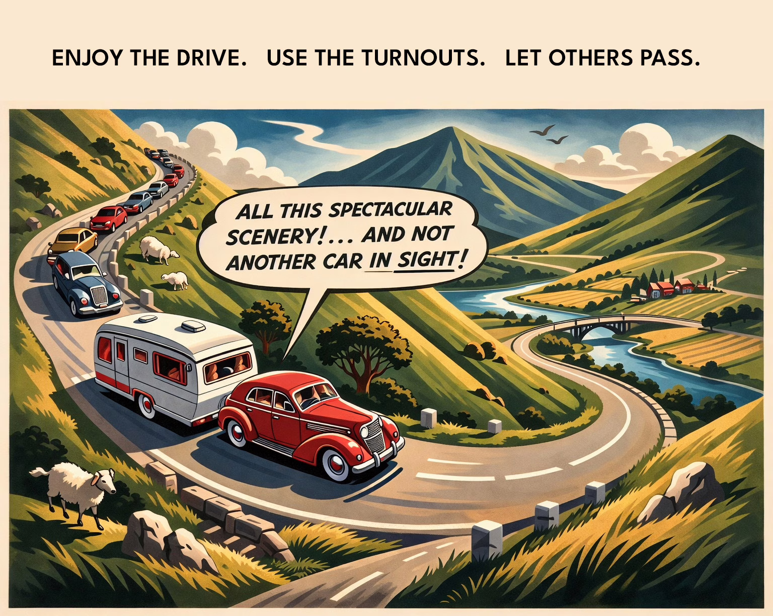 Enjoy the drive, Use the turnouts. Let others pass.